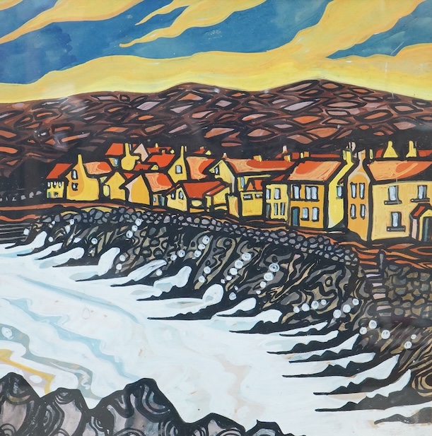 Frank Smyth (Irish), Harbour view with cottages before hills, mid century mixed media, 31 x 30cm